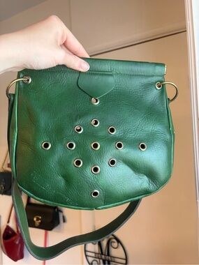 Vintage Green Leather Crossbody Bag with Eyelet Detail